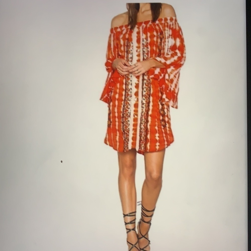 Hemant & Nandita Off Shoulder Embroidered Tie Dye Tunic Dress S